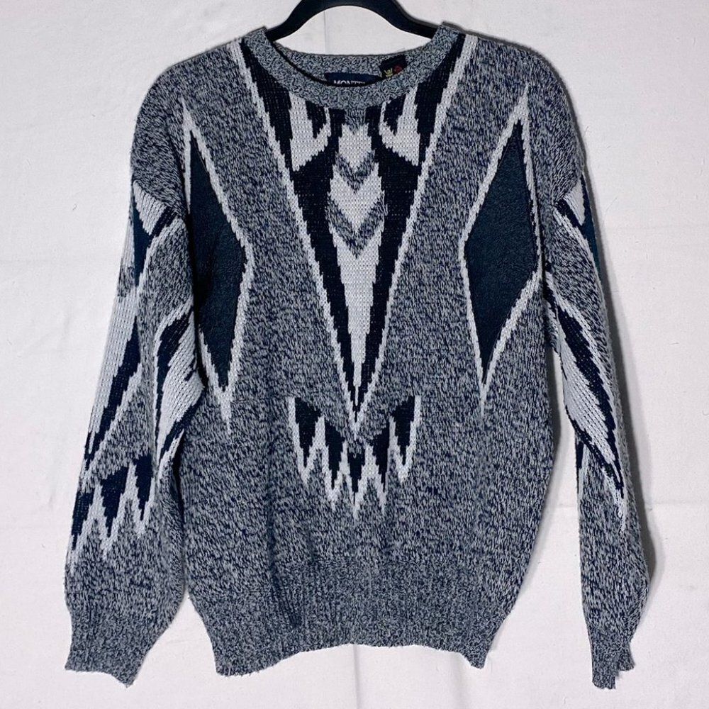 Vintage 90s Montello Black And White Dad Sweater With Faux Leather Patches M